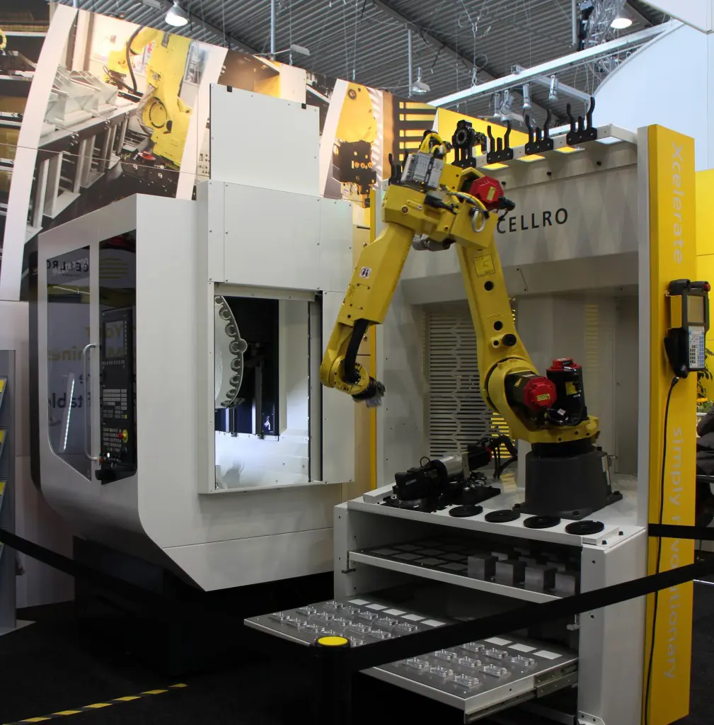 Een Xcelerate systeem van Cellro gekoppeld aan een DMG bewerkingscentrum, zoals geëxposeerd op de afgelopen AMB te Stuttgart