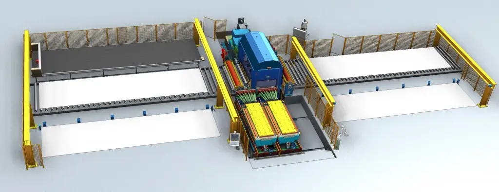 De platen gaan door de richtmachine van rechts naar links, maximale plaatlengte is 12 m