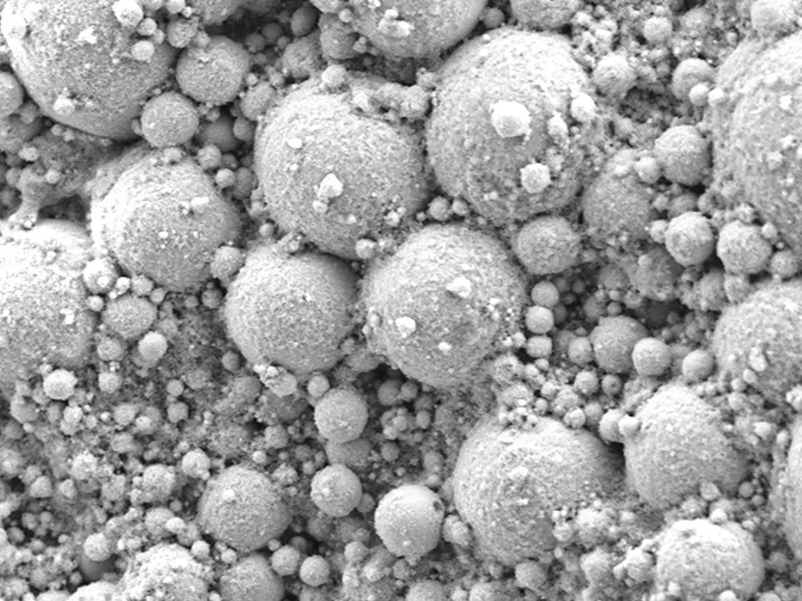 Het nieuwe composiet met metaaldruppels en bacteriën (op nanoschaal), ontwikkeld aan de Binghamton University.